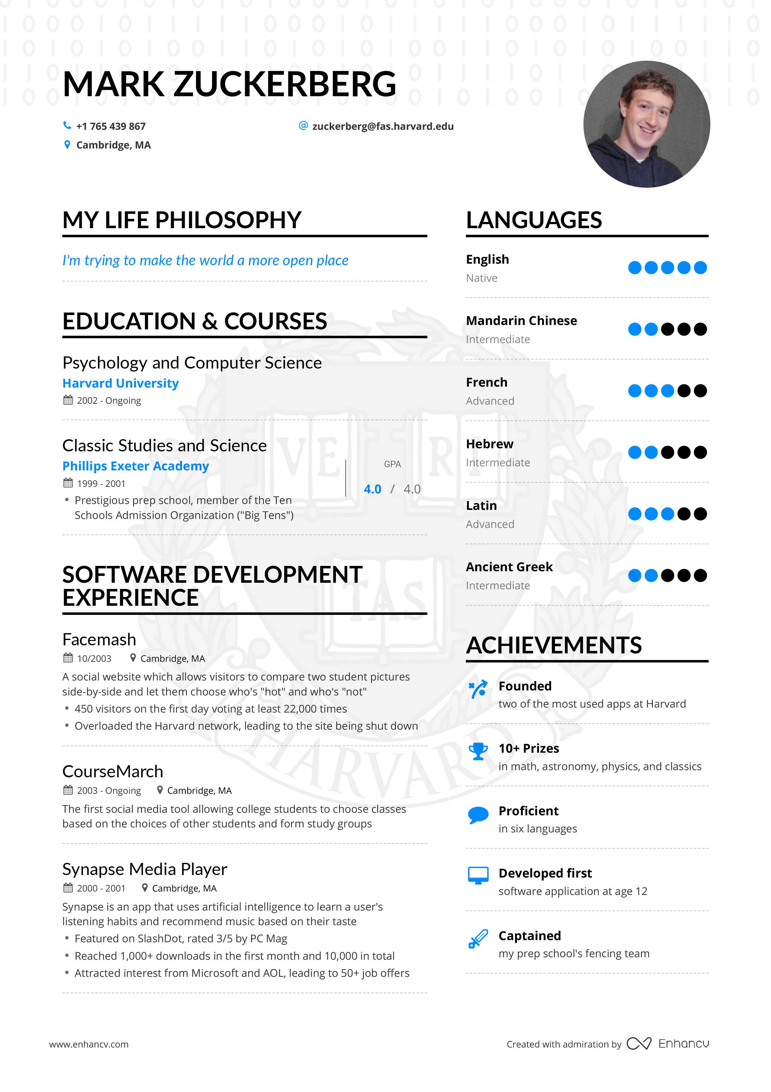 Mark Zuckerberg's resume preview