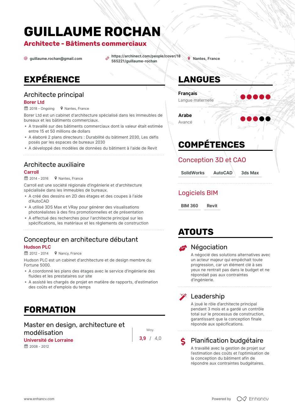 Exemple de CV architecte réalisé avec le créateur de CV en ligne